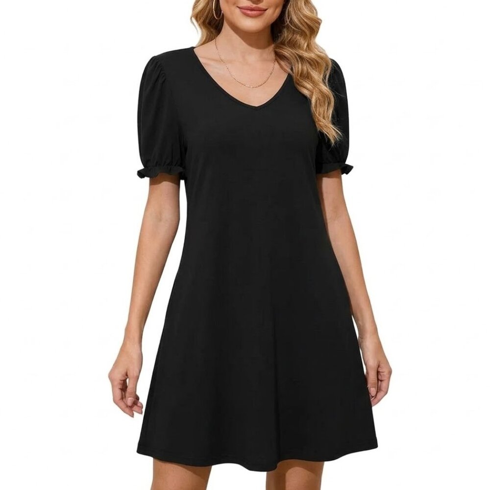 Nivyee Black V-Neck Puff Sleeve Midi Dress with Pockets Size XL Soft Stretch
